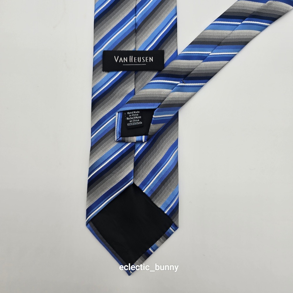 Van Heusen Silk Necktie Blue Gray Striped Classic Men's Tie 58" x 3.75" - Picture 3 of 5